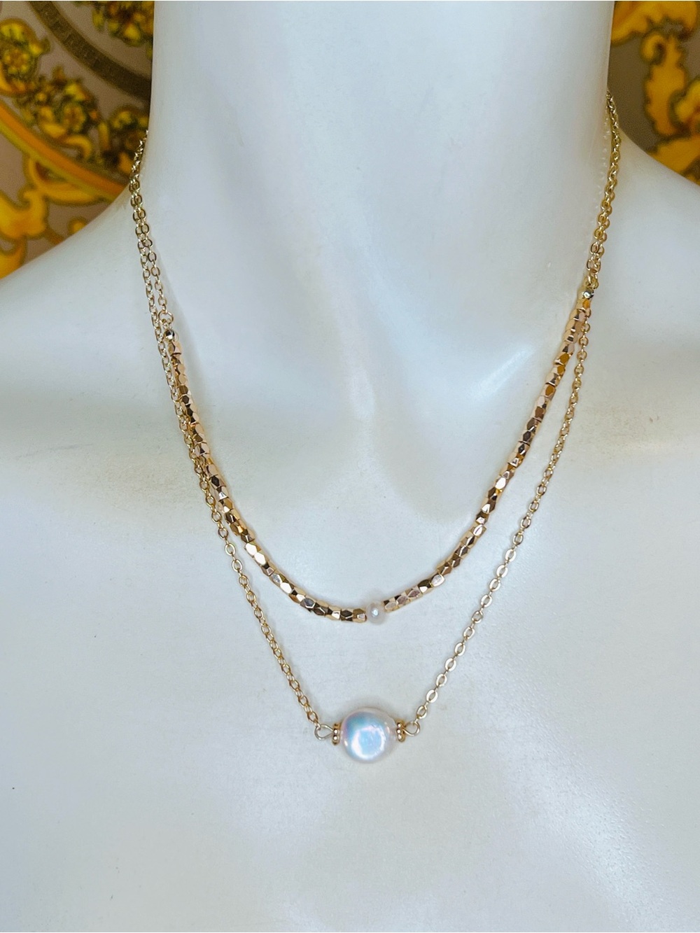 Freshwater pearl choker w/ extension gold bead boho necklace 14” to 17” top